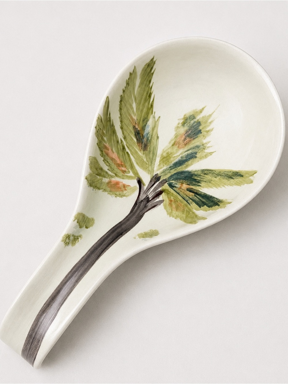 Hand Painted Hand Crafted Botanical Tropical Ceramic Spoon Rest Green Leaves